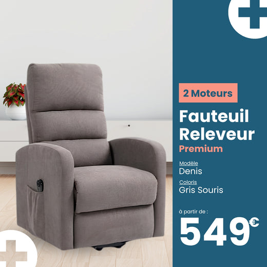 Fauteuil relax releveur 3 fonctions (2 moteurs) – Denis – Gris Foncé / Marron - coloris Gris