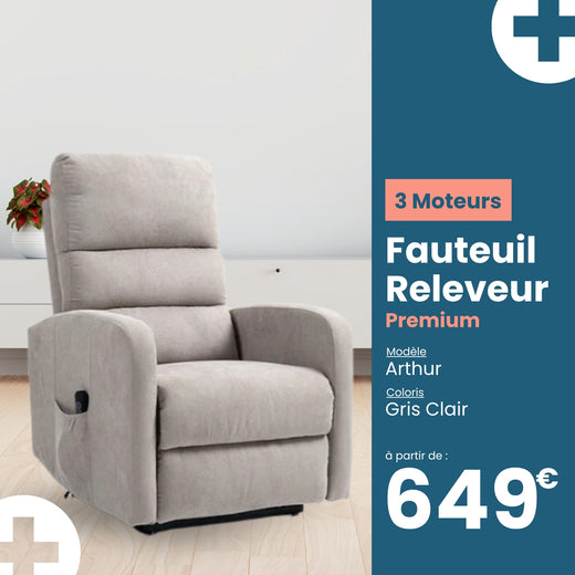 Fauteuil relax releveur 4 fonctions (3 moteurs) – Arthur – Gris clair / Beige - coloris Gris