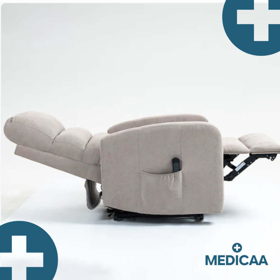 Medicaa Fauteuil releveur relax tranquille emile 3 moteurs gris clair horizontal releve jambes et dossier incline