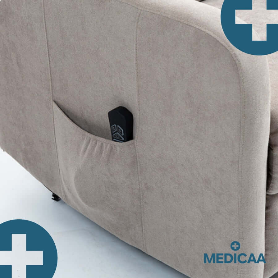 Medicaa Fauteuil releveur relax tranquille emile 3 moteurs gris clair detail poche telecommande