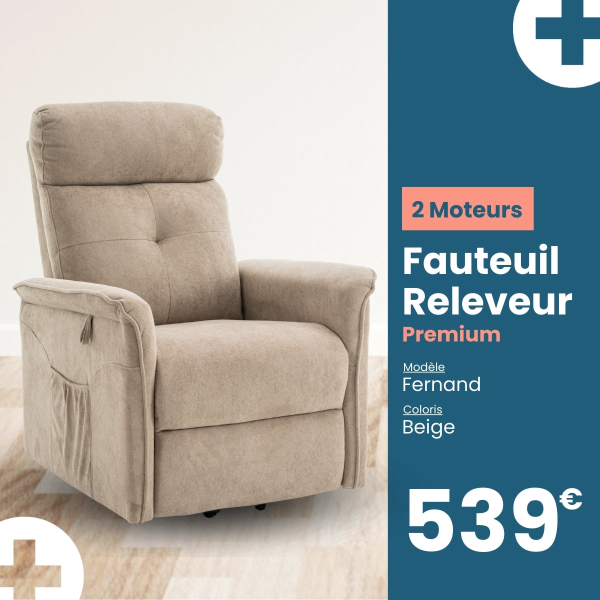 Medicaa fauteuil releveur 2 moteurs gamme premium modele fernand coloris beige marque tranquille emile