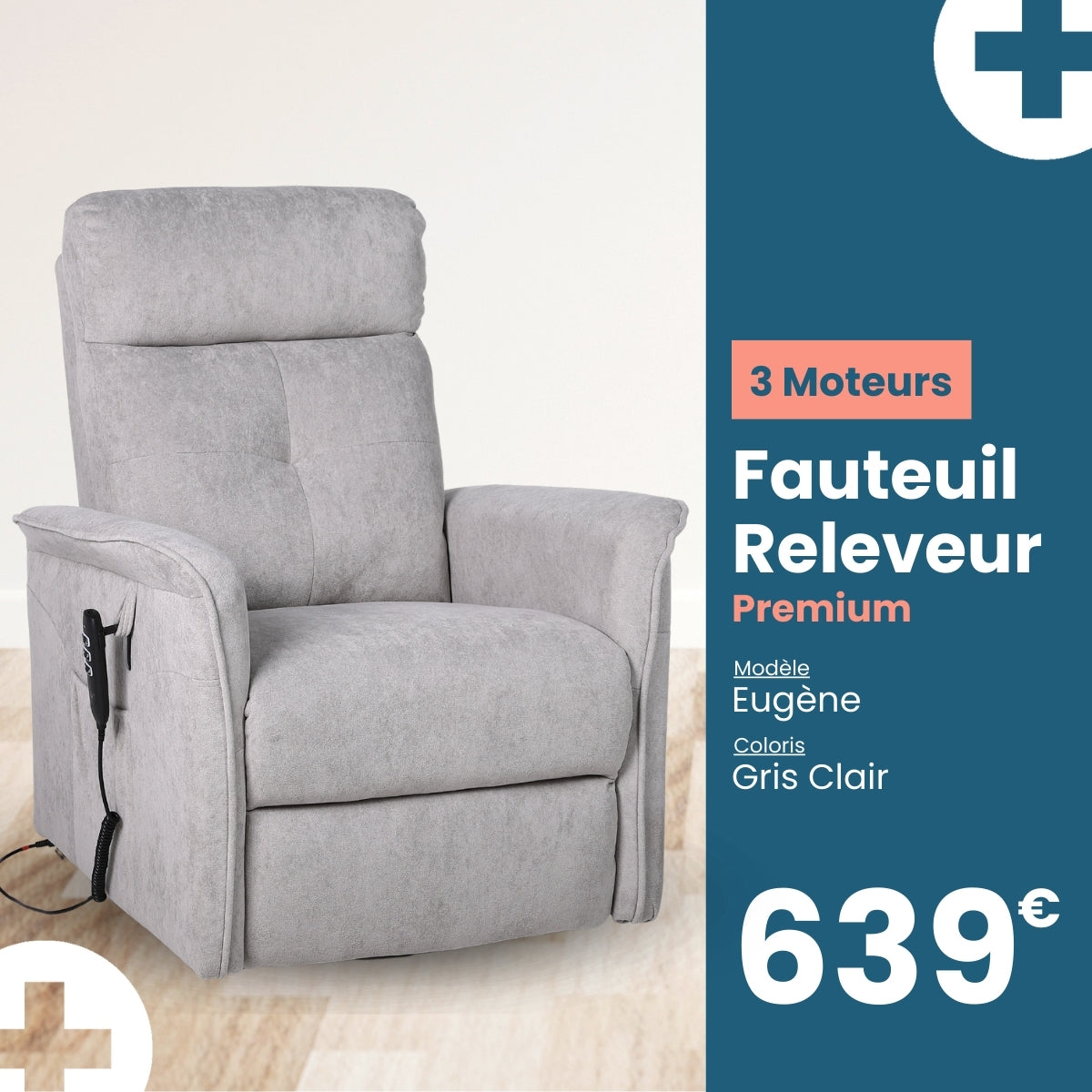 Fauteuil Releveur Premium - 3 Moteurs - Gris Clair - Modèle Eugène - Tranquille Émile
