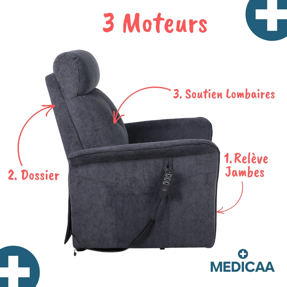 Fauteuil Releveur Premium - 3 Moteurs - Gris Foncé - Modèle Eugène - Tranquille Émile