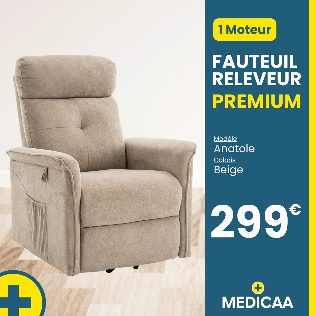 Fauteuil relax releveur 2 fonctions (1 moteur) – Anatole – Beige