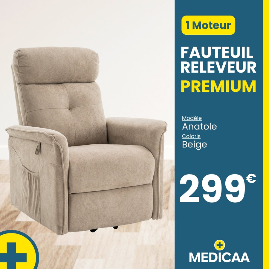 Fauteuil relax releveur 2 fonctions (1 moteur) – Anatole – Beige