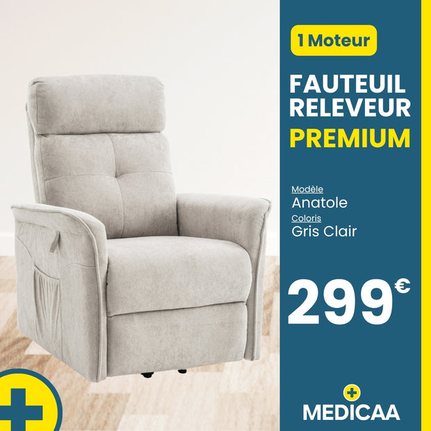 Fauteuil relax releveur 2 fonctions (1 moteur) – Anatole – Gris clair