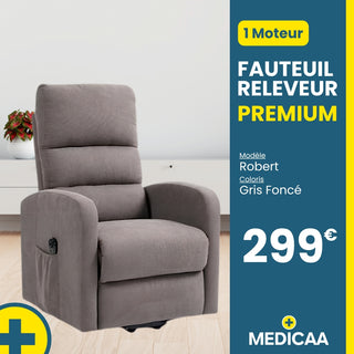 Fauteuil relax releveur Premium - 2 fonctions - 1 moteur - (Robert) - Gris Foncé / Marron