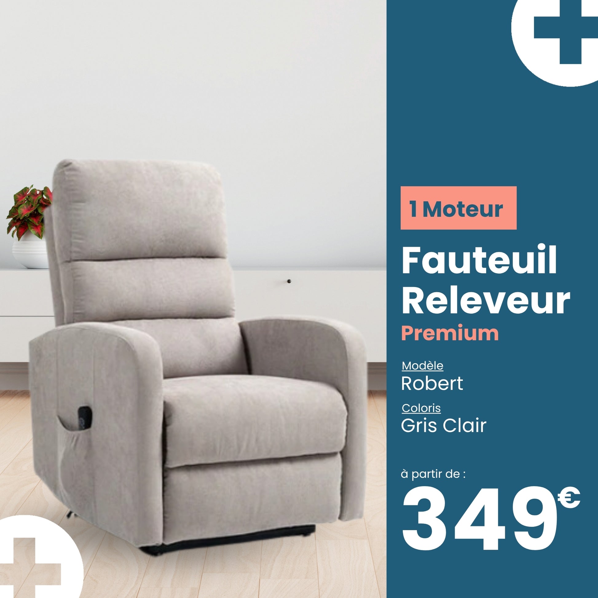 Fauteuil relax releveur 2 fonctions (1 moteur) – Robert – Gris clair / Beige