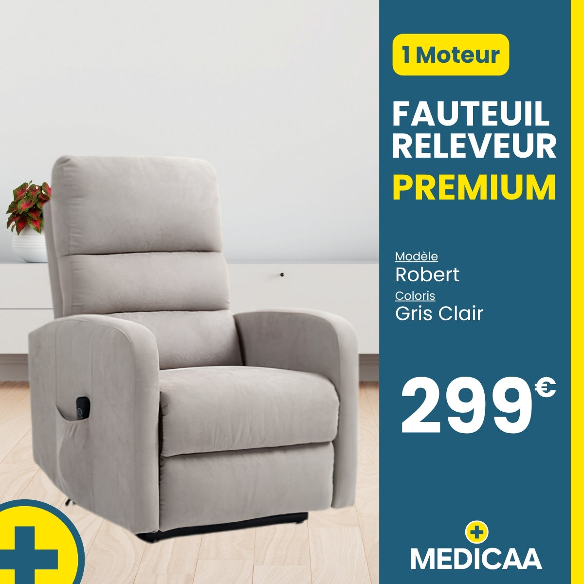 Fauteuil relax releveur 2 fonctions (1 moteur) – Robert – Gris clair / Beige