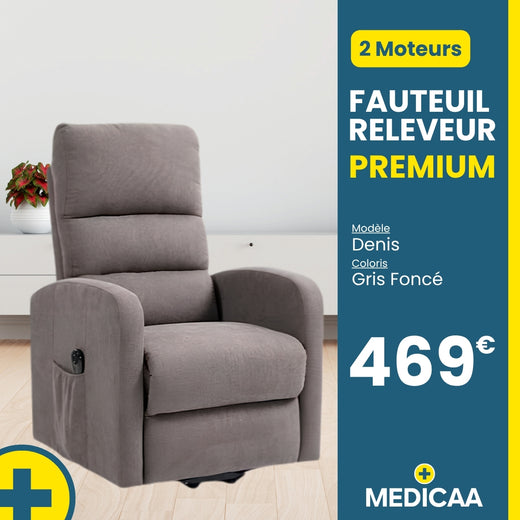Fauteuil relax releveur 3 fonctions (2 moteurs) – Denis – Gris Foncé / Marron - coloris Gris