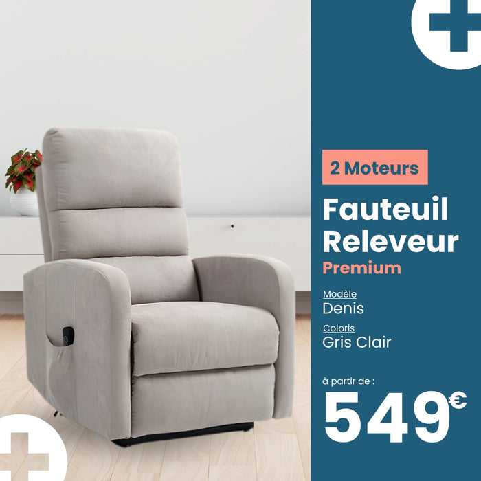 Fauteuil relax releveur 3 fonctions (2 moteurs) – Denis – Gris clair / Beige