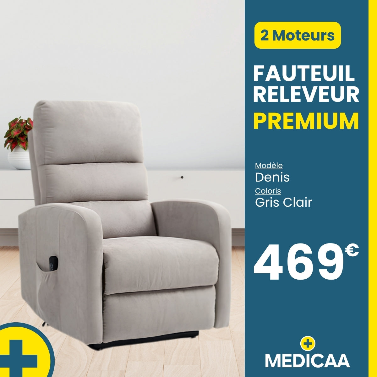 Fauteuil relax releveur 3 fonctions (2 moteurs) – Denis – Gris clair / Beige