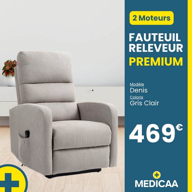 Fauteuil relax releveur 3 fonctions (2 moteurs) – Denis – Gris clair / Beige