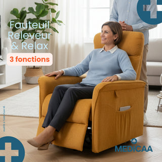 Fauteuil relax releveur 3 fonctions (2 moteurs) – Fernand – Jaune