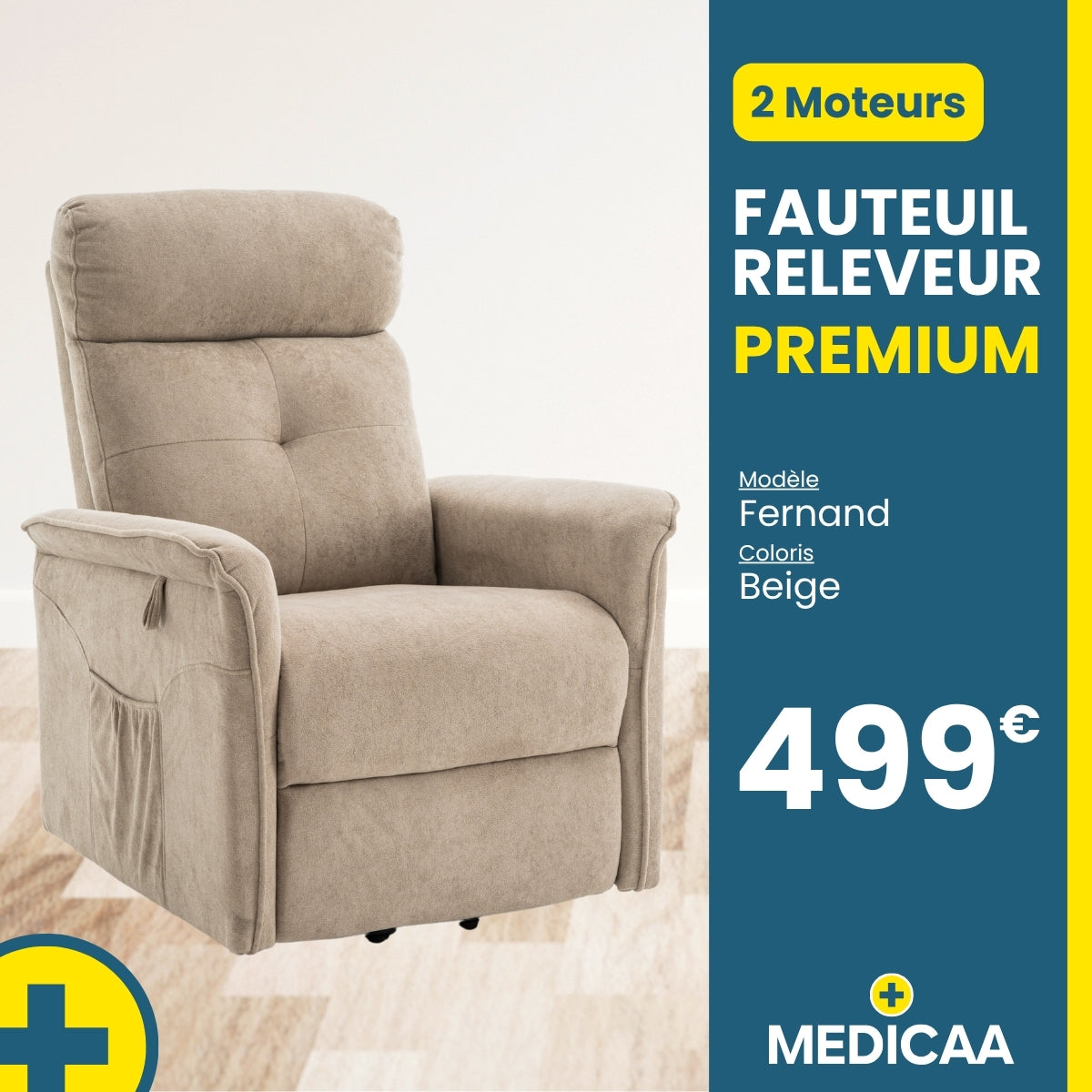 Fauteuil relax releveur 3 fonctions (2 moteurs) – Fernand – Beige