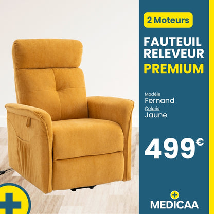 Fauteuil relax releveur 3 fonctions (2 moteurs) – Fernand – Jaune