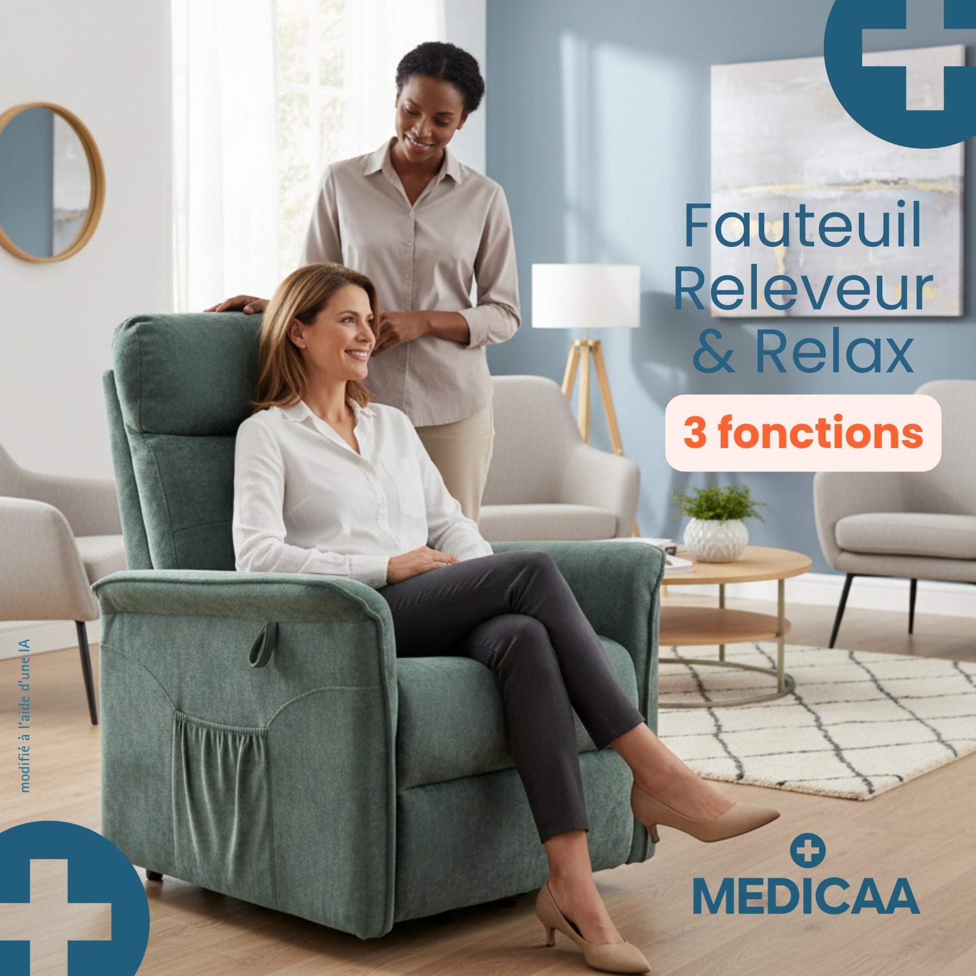 Fauteuil relax releveur 3 fonctions (2 moteurs) – Fernand – Vert
