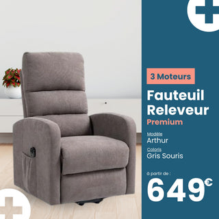 Fauteuil relax releveur 4 fonctions (3 moteurs) – Arthur – Gris Foncé / Marron