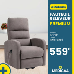 Fauteuil relax releveur 4 fonctions (3 moteurs) – Arthur – Gris Foncé /Marron