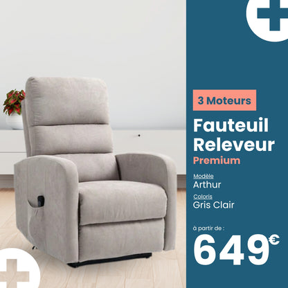 Fauteuil relax releveur 4 fonctions (3 moteurs) – Arthur – Gris clair / Beige