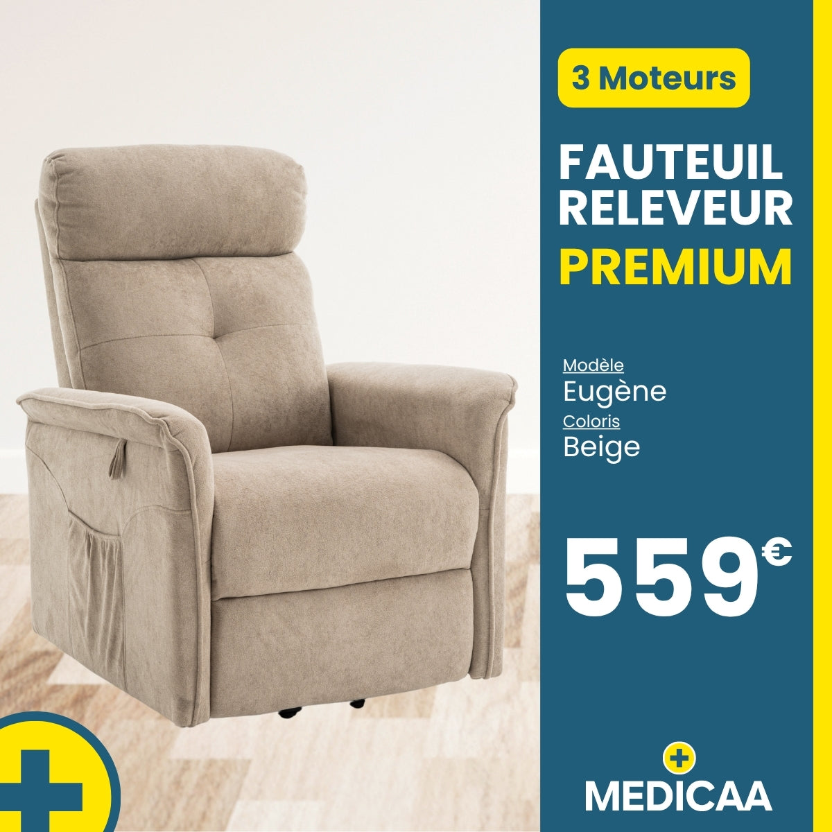 Fauteuil relax releveur 4 fonctions (3 moteurs) – Eugène – Beige