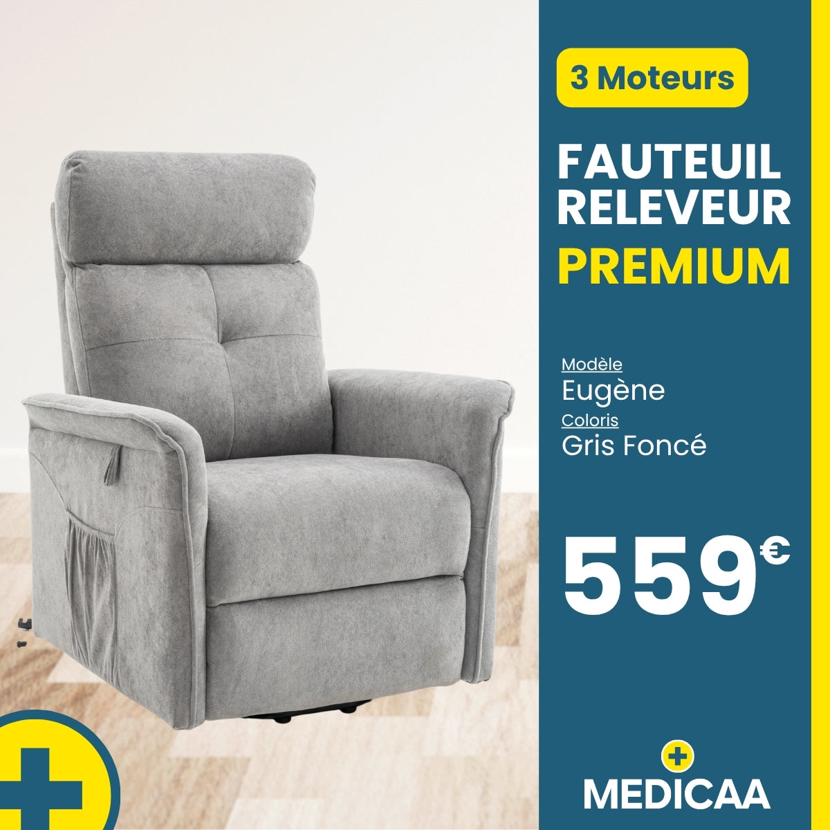 Fauteuil relax releveur 4 fonctions (3 moteurs) – Eugène – Gris foncé