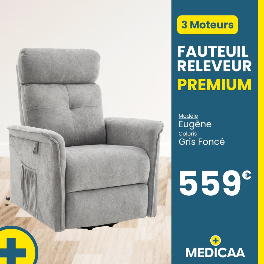 Fauteuil relax releveur 4 fonctions (3 moteurs) – Eugène – Gris foncé