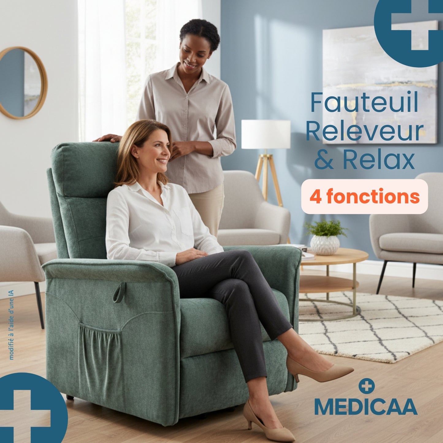 Fauteuil relax releveur 4 fonctions (3 moteurs) – Eugène – Vert