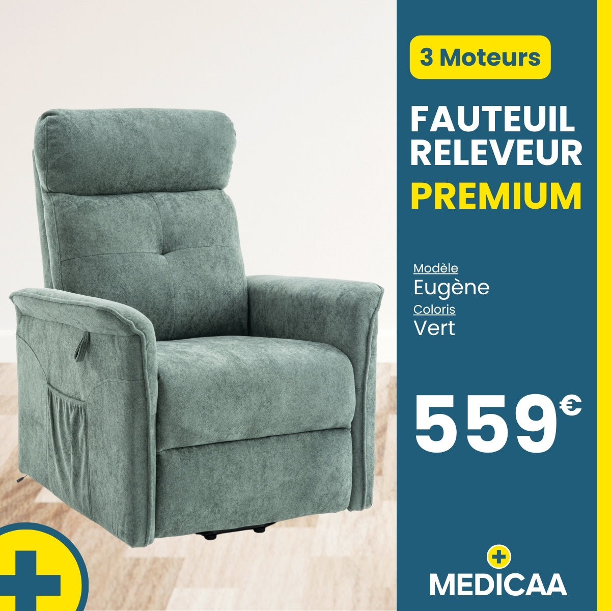 Fauteuil relax releveur 4 fonctions (3 moteurs) – Eugène – Vert