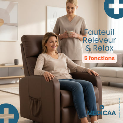 Fauteuil relax releveur 5 fonctions (4 moteurs) – Jules – Chocolat