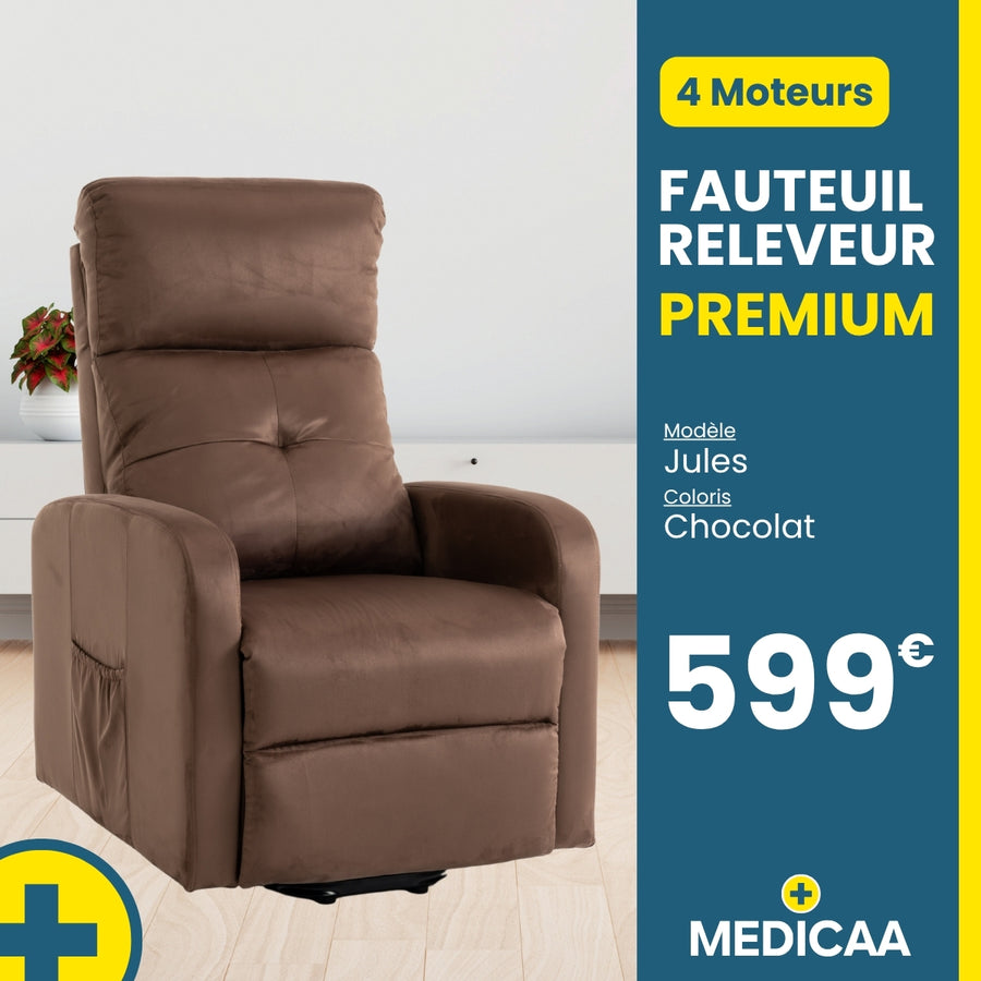 Fauteuil relax releveur Premium - 5 fonctions - 4 moteurs - (Jules) - Chocolat