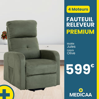 Fauteuil relax releveur Premium - 5 fonctions - 4 moteurs - (Jules) - Olive