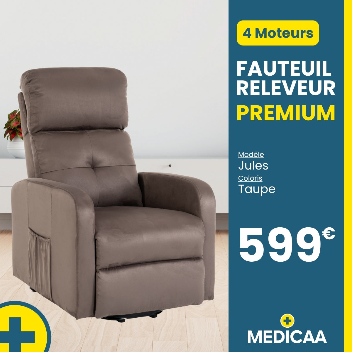 Fauteuil relax releveur 5 fonctions (4 moteurs) – Jules - Taupe