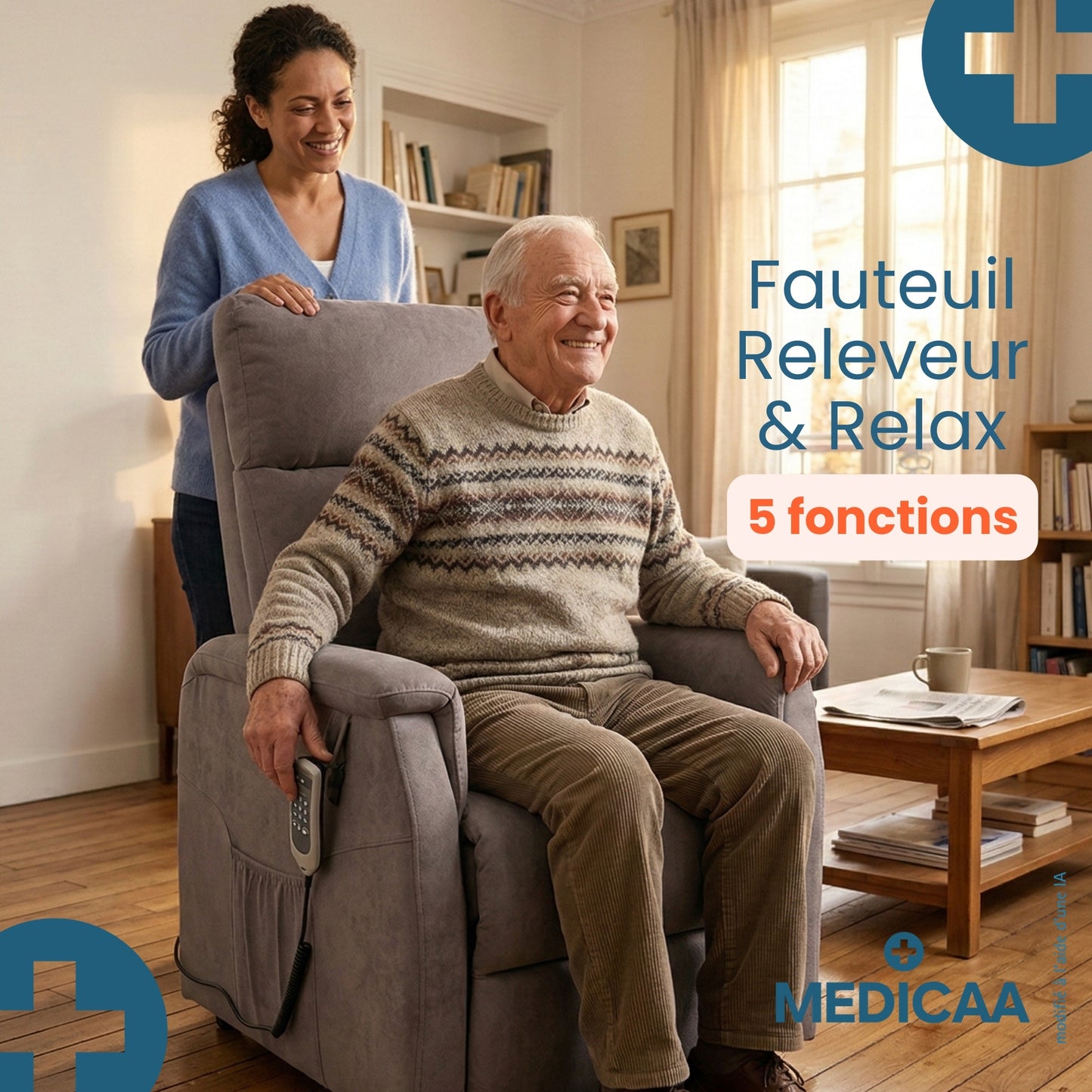 Fauteuil relax releveur 5 fonctions (4 moteurs) – Raymond – Gris