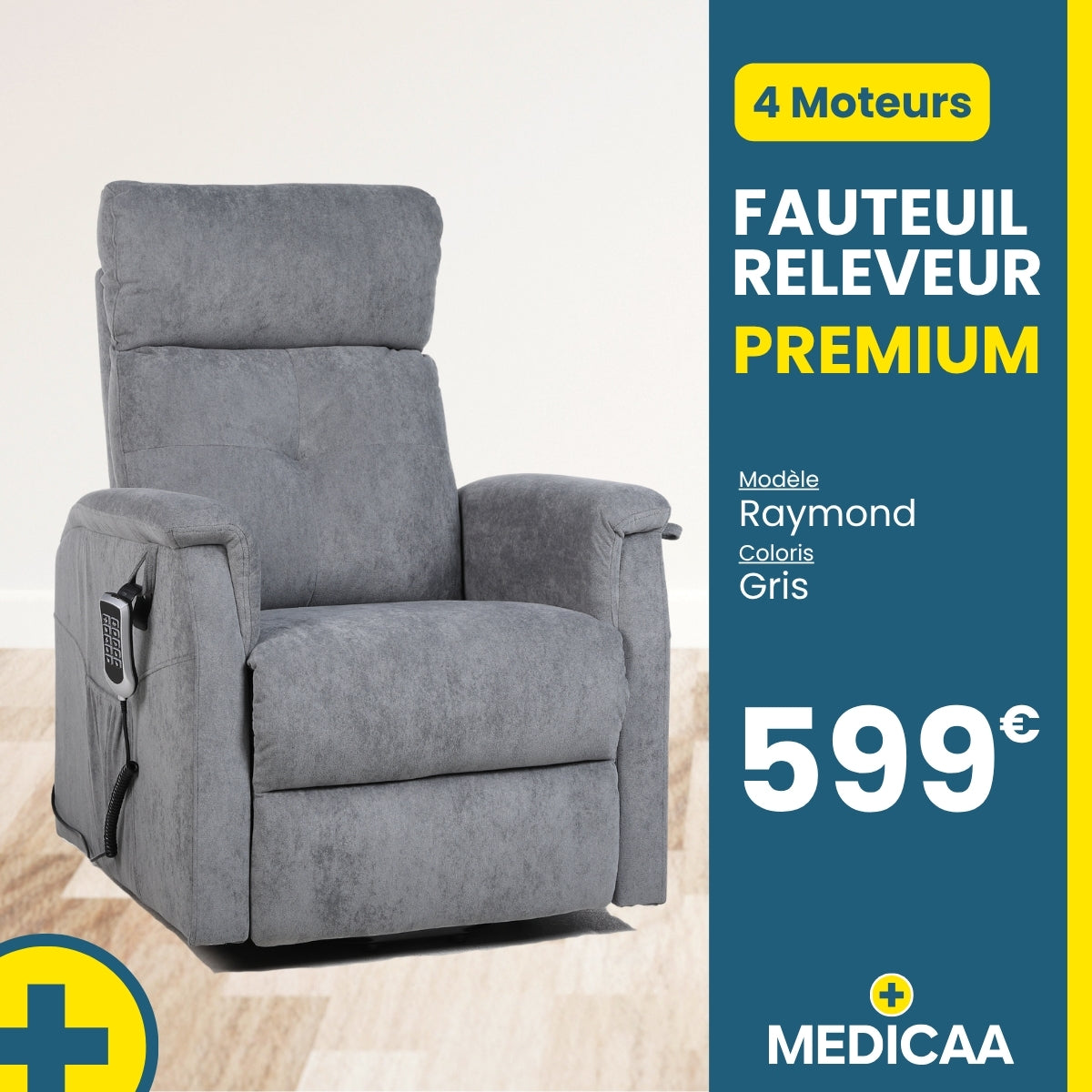 Fauteuil relax releveur 5 fonctions (4 moteurs) – Raymond – Gris
