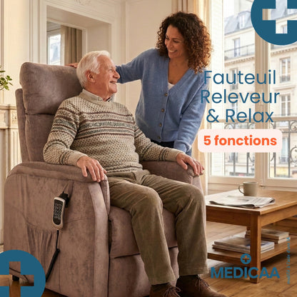 Fauteuil relax releveur 5 fonctions (4 moteurs) – Raymond – Marron