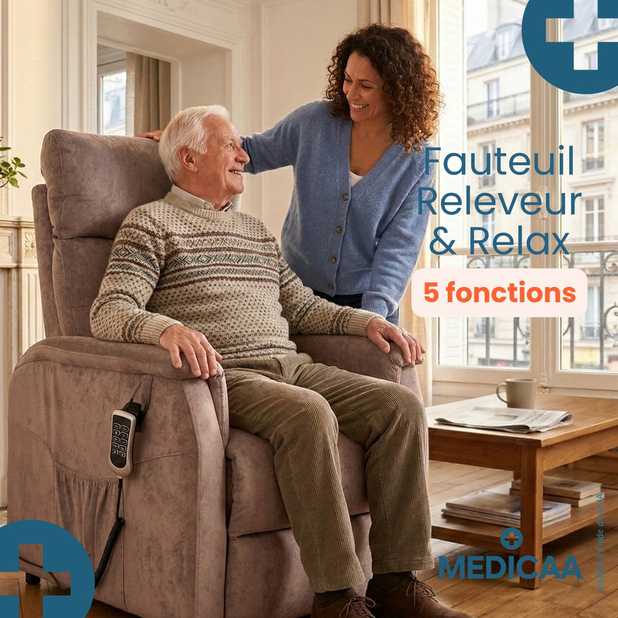 Fauteuil relax releveur 5 fonctions (4 moteurs) – Raymond – Marron