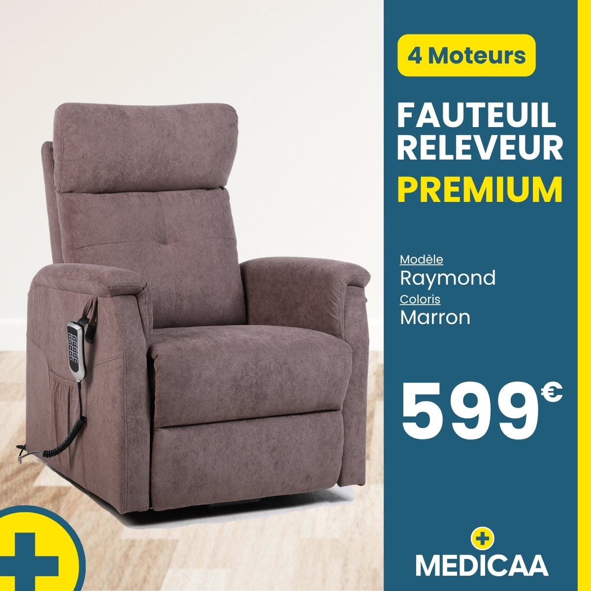 Fauteuil relax releveur 5 fonctions (4 moteurs) – Raymond – Marron