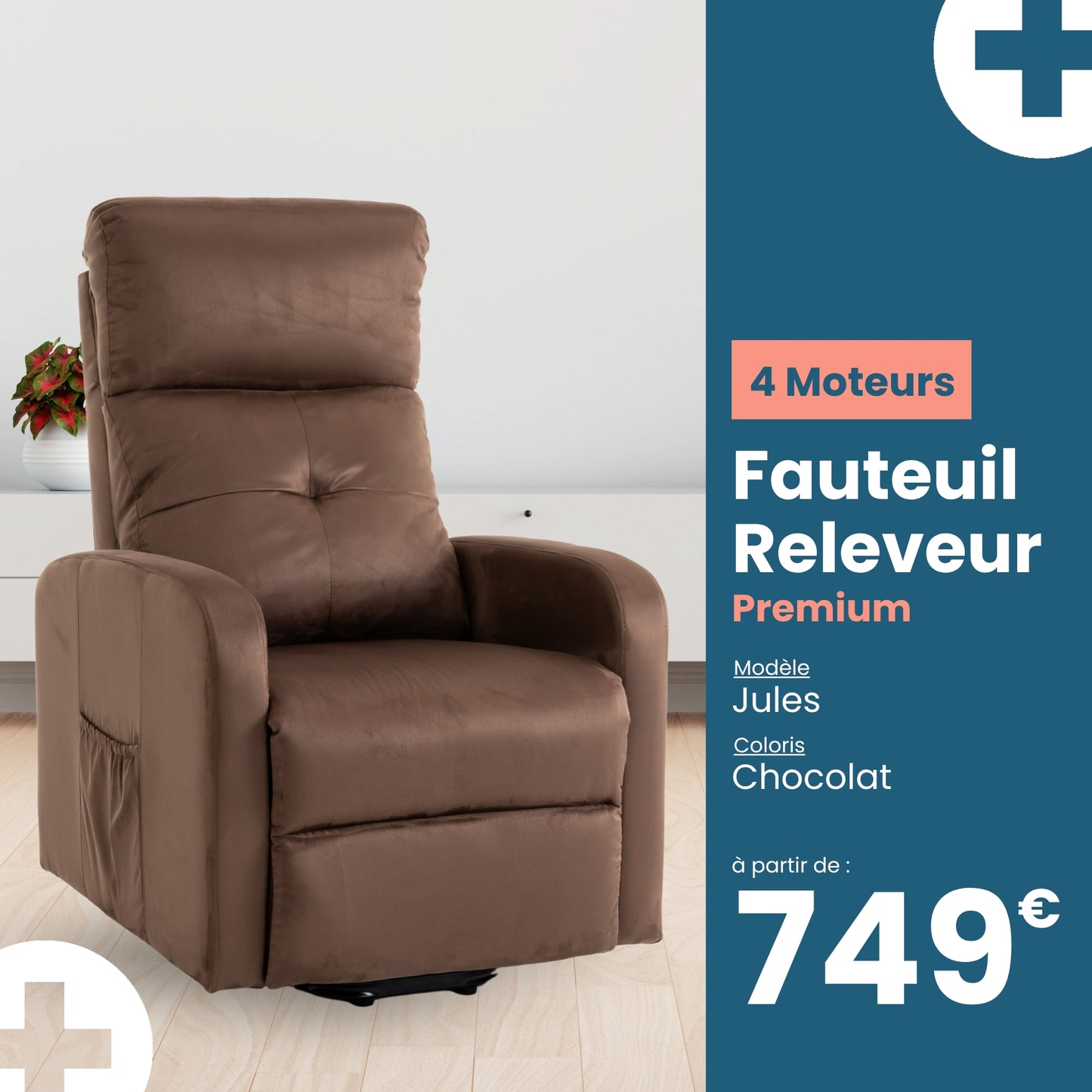 Fauteuil relax releveur 5 fonctions (4 moteurs) – Jules – Chocolat