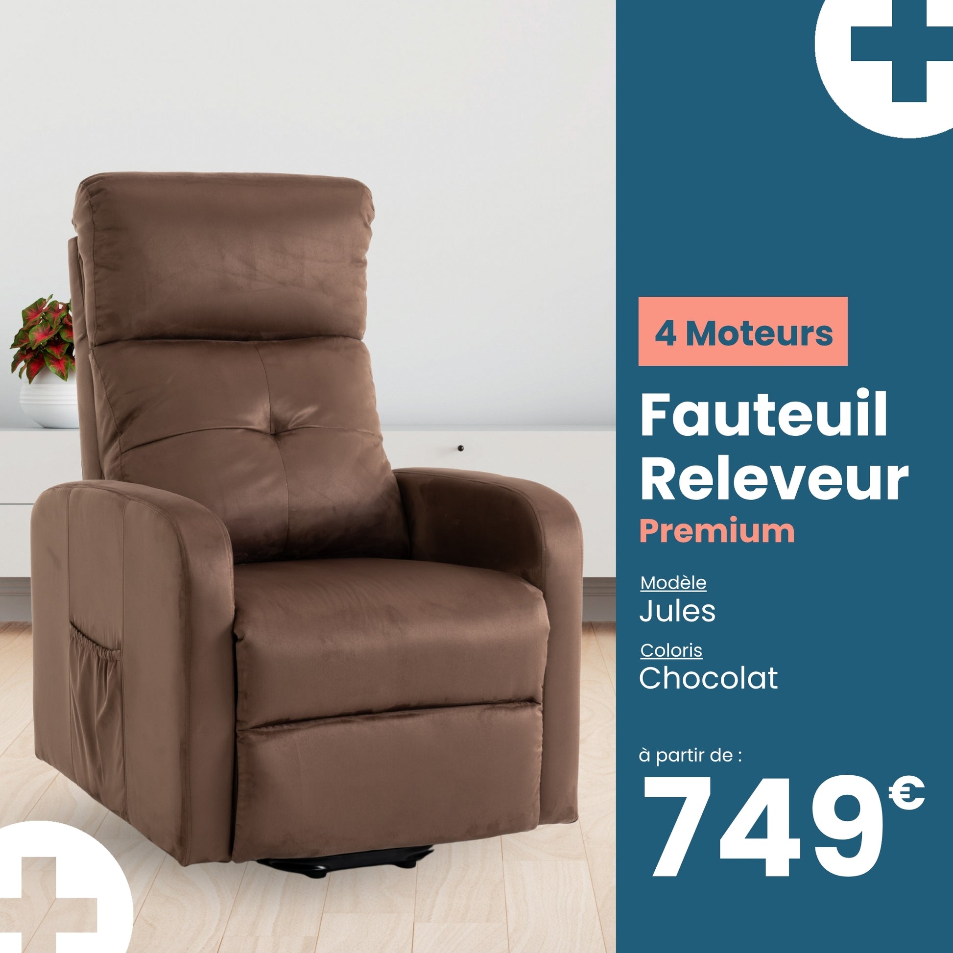Fauteuil relax releveur 5 fonctions (4 moteurs) – Jules – Chocolat