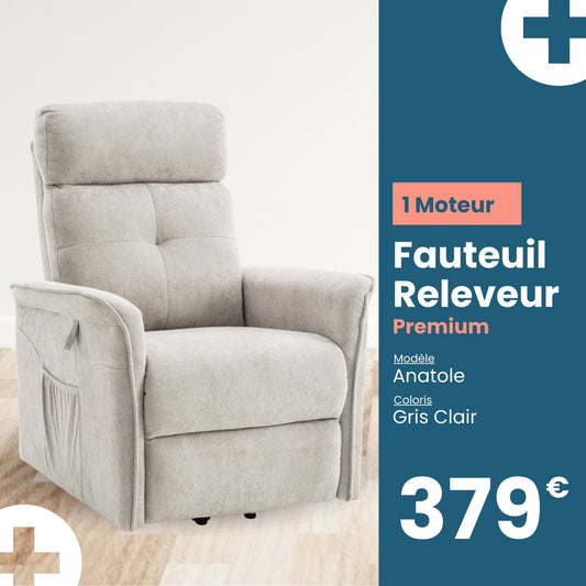 Fauteuil Releveur Premium - 1 Moteur - Gris Clair - Modèle Anatole - Tranquille Émile