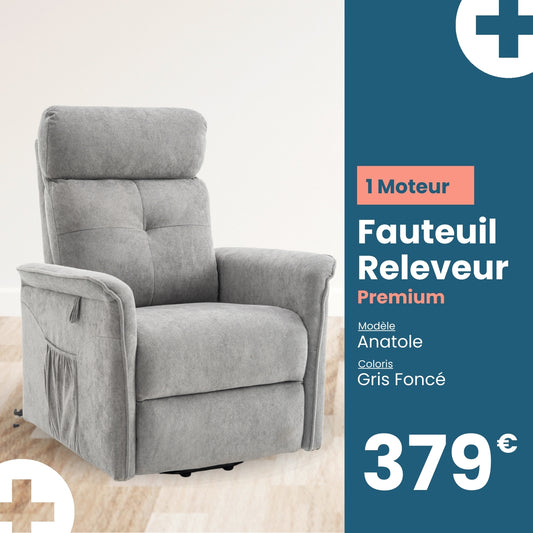 Fauteuil Releveur Premium - 1 Moteur - Gris Foncé - Modèle Anatole - Tranquille Émile