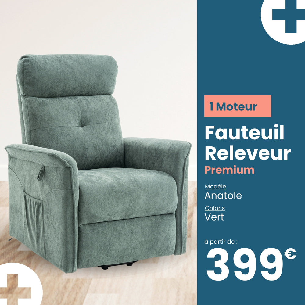 Fauteuil Releveur Premium - 1 Moteur - Vert - Modèle Anatole - Tranquille Émile