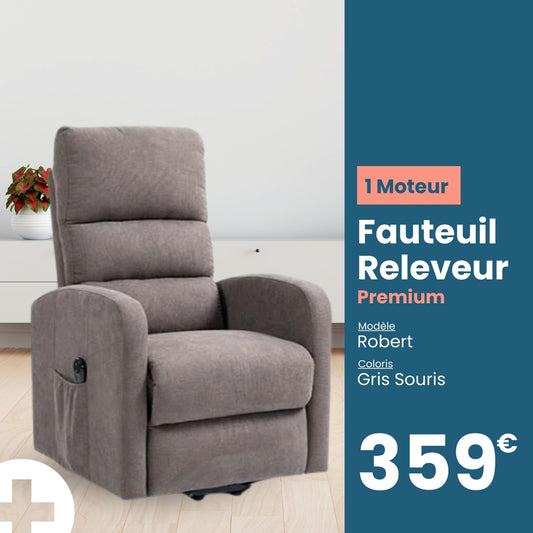 Fauteuil Releveur Premium - 1 Moteur - Gris Souris - Modèle Robert - Tranquille Émile