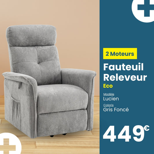 Medicaa fauteuil releveur 2 moteurs gamme eco model lucien coloris gris fonce marque tranquille emile