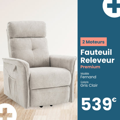 Fauteuil Releveur Premium - 2 Moteurs - Gris Clair - Modèle Fernand - Tranquille Émile