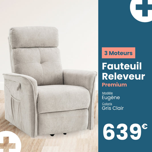 Fauteuil Releveur Premium - 3 Moteurs - Gris Clair - Modèle Eugène - Tranquille Émile