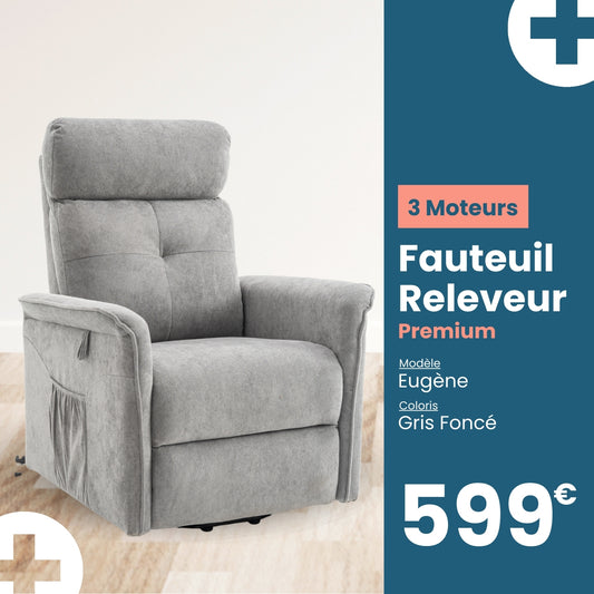 Fauteuil Releveur Premium - 3 Moteurs - Gris Foncé - Modèle Eugène - Tranquille Émile