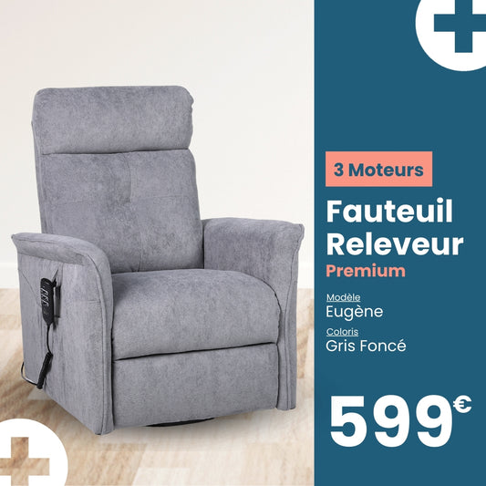 Fauteuil Releveur Premium - 3 Moteurs - Gris Foncé - Modèle Eugène - Tranquille Émile