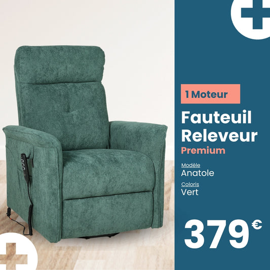 Fauteuil Releveur Premium - 1 Moteur - Vert - Modèle Anatole - Tranquille Émile
